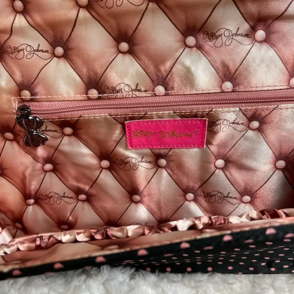 COPY - Betsey Johnson Satin Navy blue and pink polka dots Satin clutch with bow…